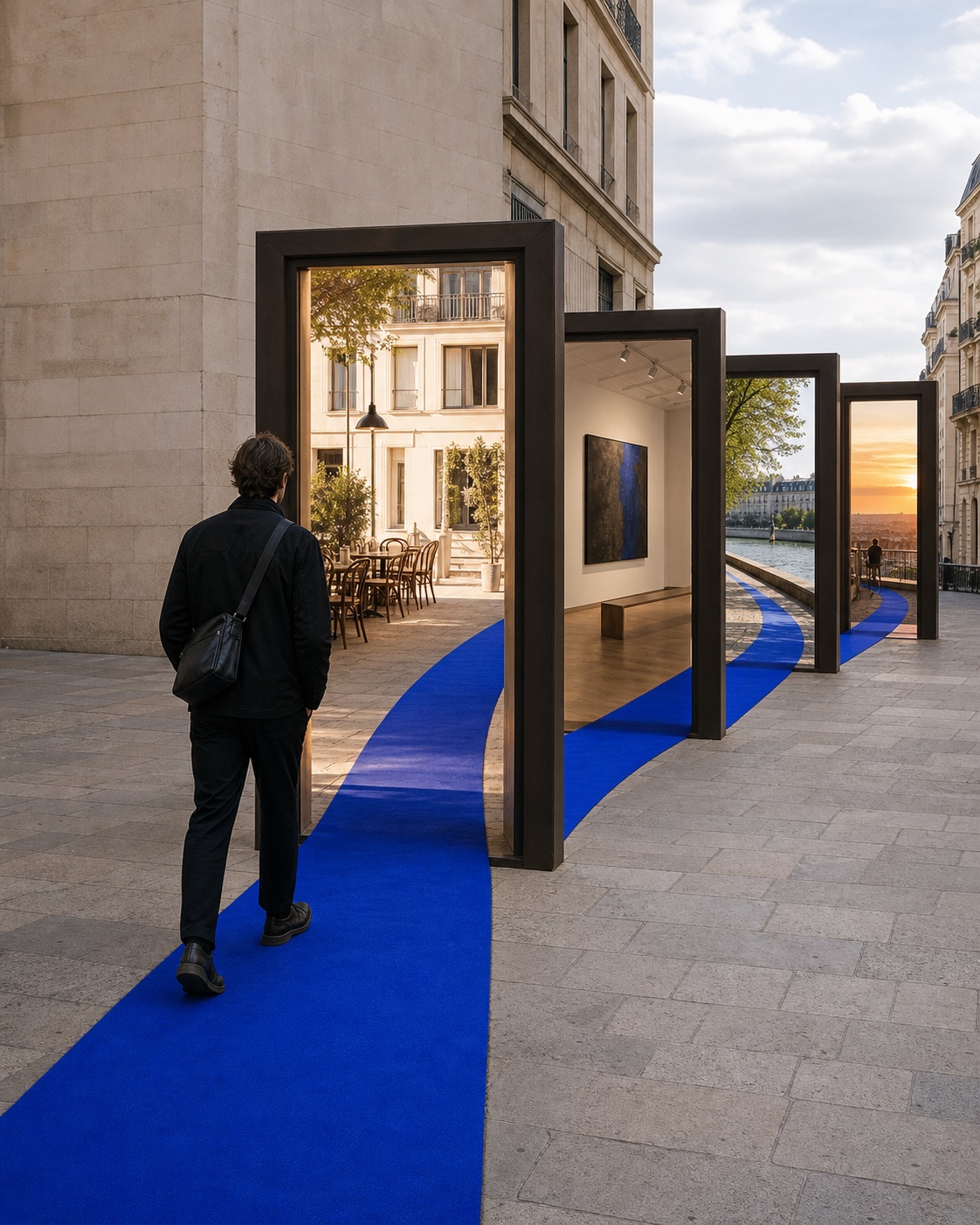 A cobalt walking path passing through a sequence of open city doorways.