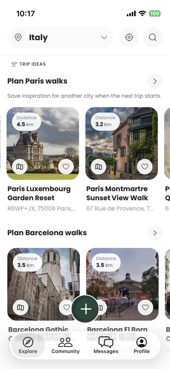 Meandly discovery screen showing real city walks.