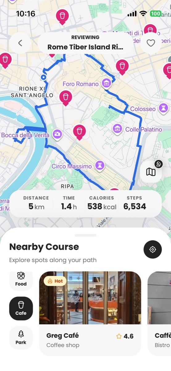 Meandly map showing the real walking route line.