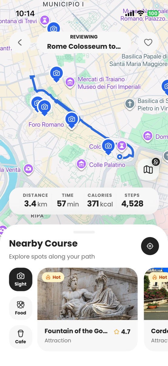 Meandly route screen showing useful stops along a walk.