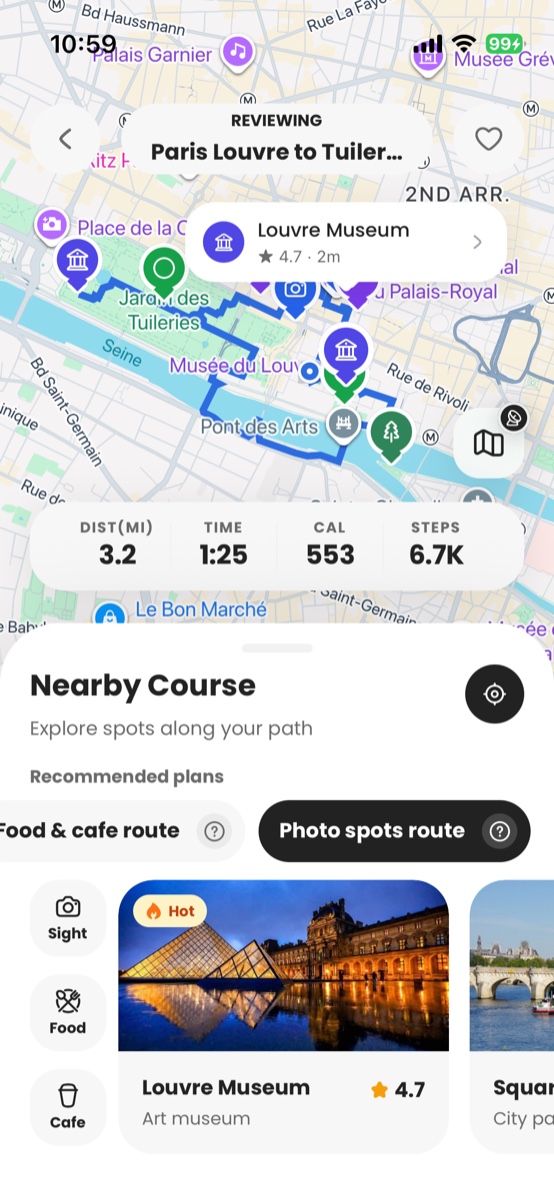 Meandly route screen showing the Louvre to Tuileries walk and nearby Paris stops.
