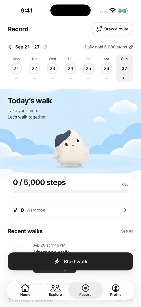 A Meandly app screen: today’s walk with Wandoo, a 5,000-step goal, and a Start walk button.