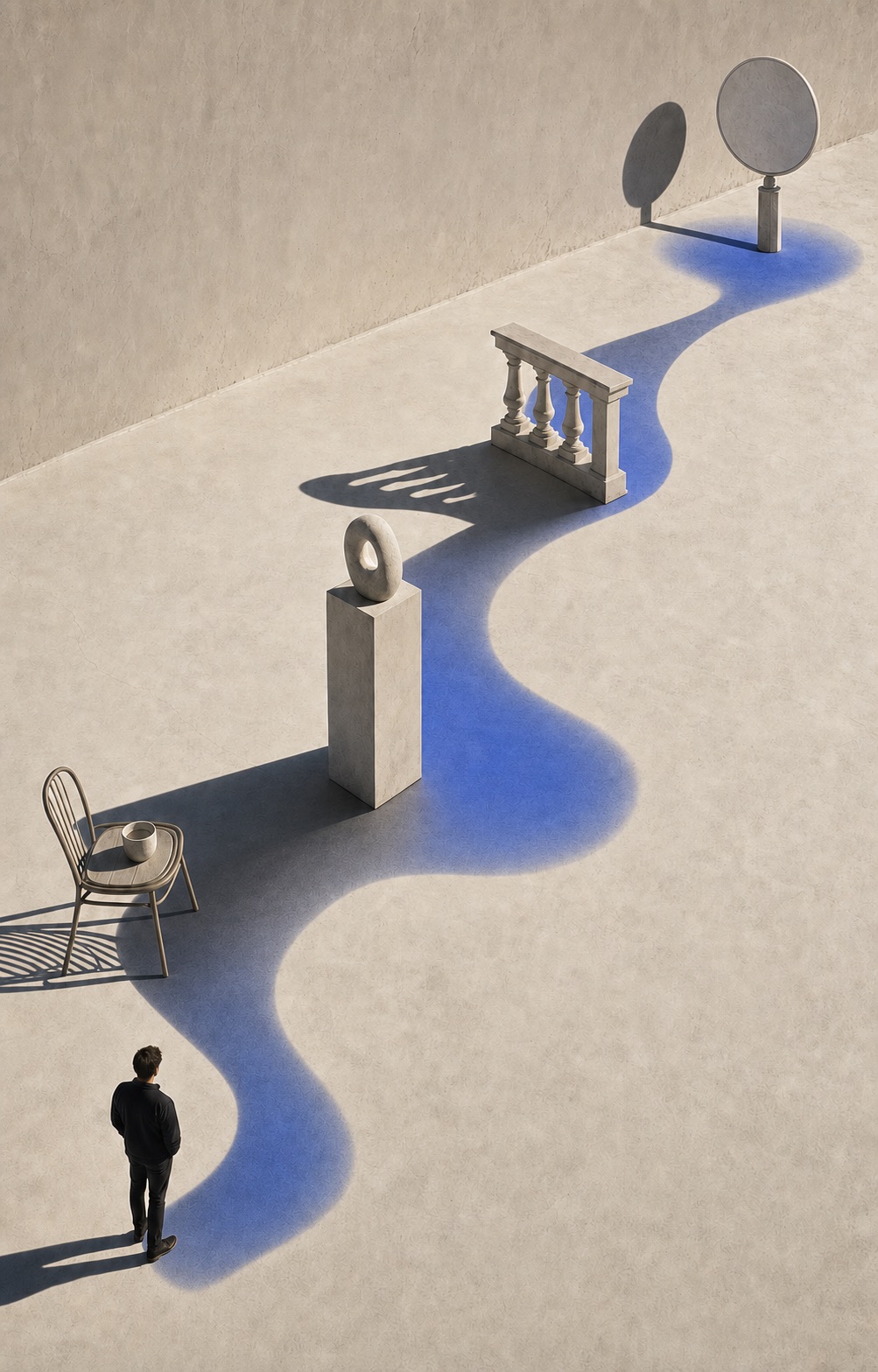 A cobalt path connecting everyday city moments through their shadows.
