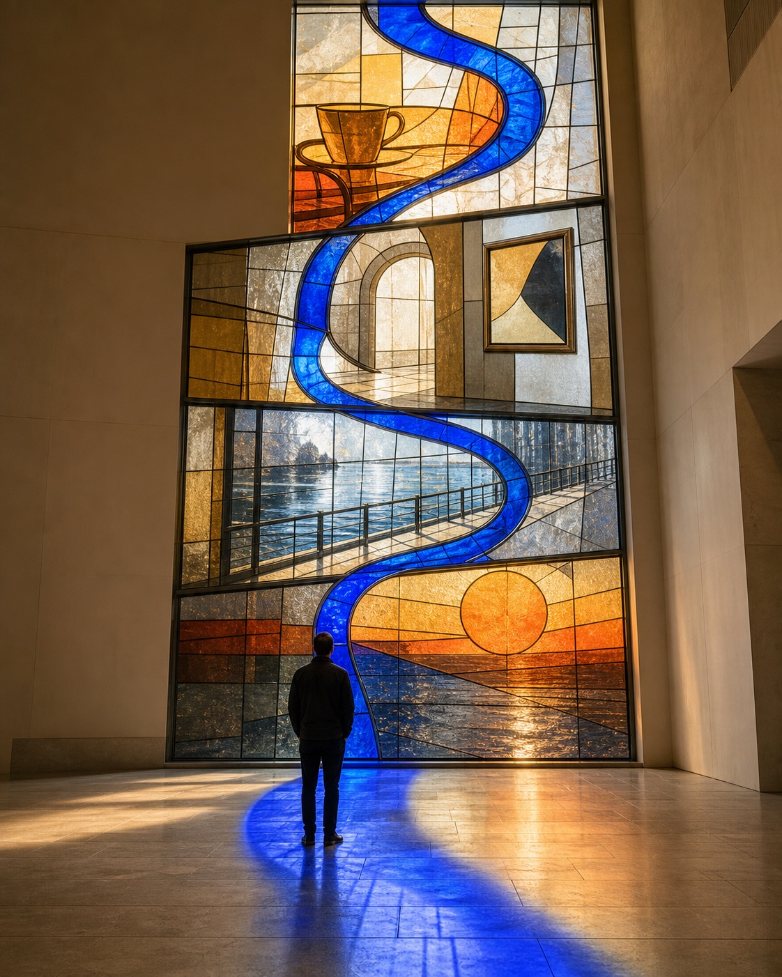 A luminous cobalt walking path crossing a contemporary stained-glass city scene.